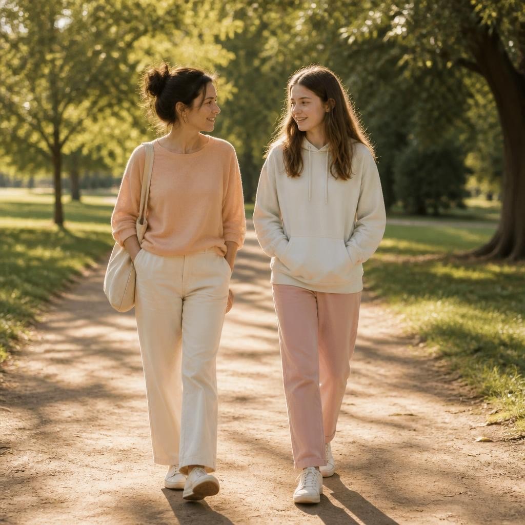 Mutter und Teenager beim Spaziergang